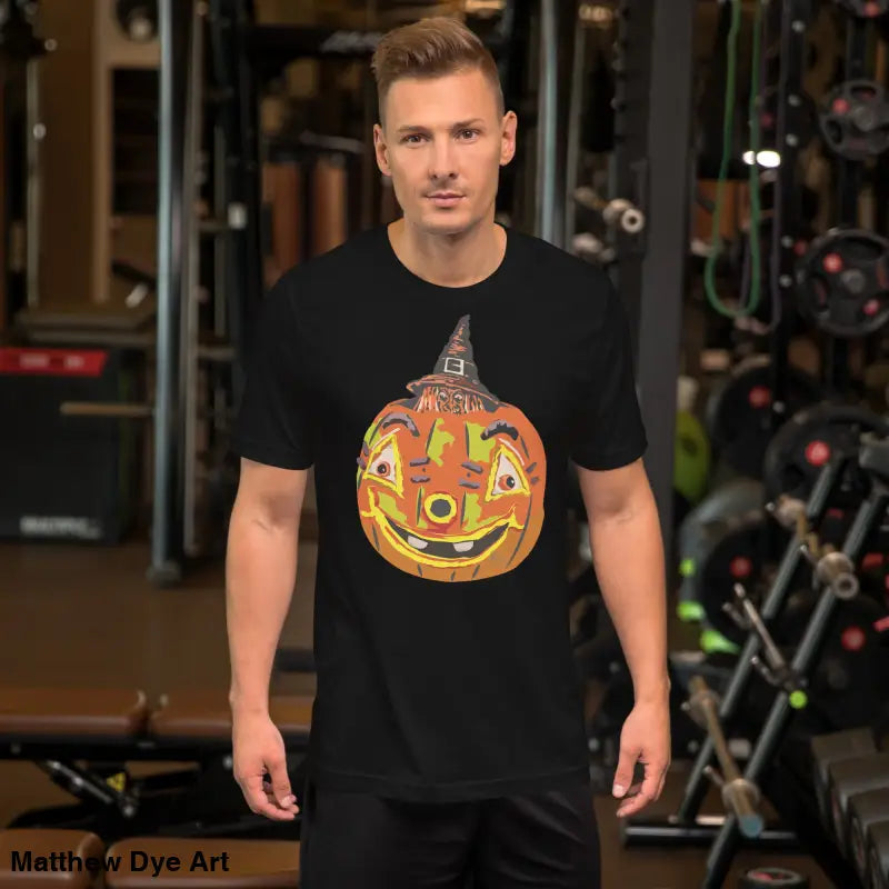 Black t-shirt featuring pumpkin witch graphic from the comfortable cotton Halloween tee