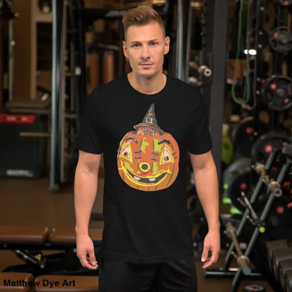 Black t-shirt featuring pumpkin witch graphic from the comfortable cotton Halloween tee
