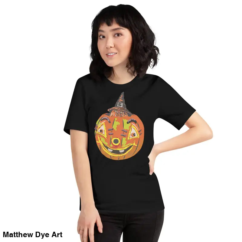 Comfortable cotton pumpkin witch unisex tee featuring a bold pumpkin graphic design