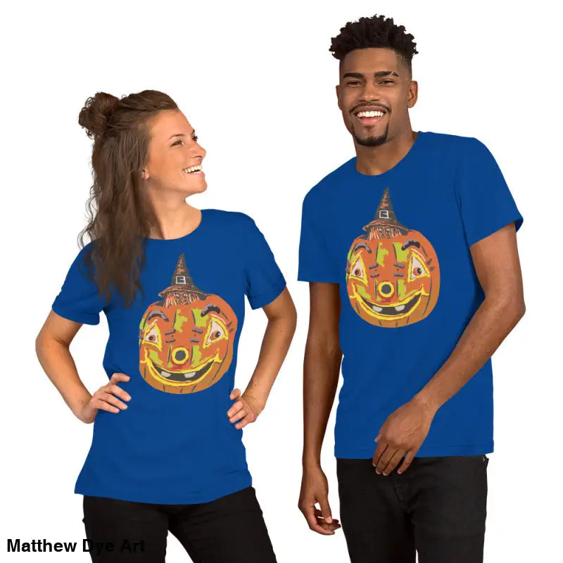 Matching blue Halloween t-shirts featuring a comfortable cotton Pumpkin Witch design