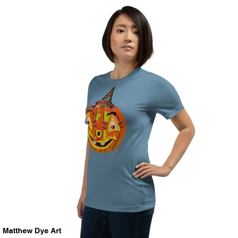 Comfortable cotton pumpkin witch unisex tee featuring a blue t-shirt with pumpkin graphic