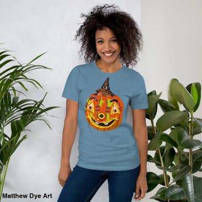 Blue t-shirt featuring pumpkin witch graphic, ideal comfortable cotton Halloween tee