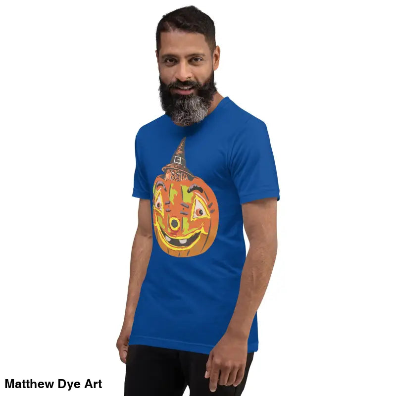 Comfortable cotton pumpkin witch unisex tee featuring a blue t-shirt with pumpkin graphic