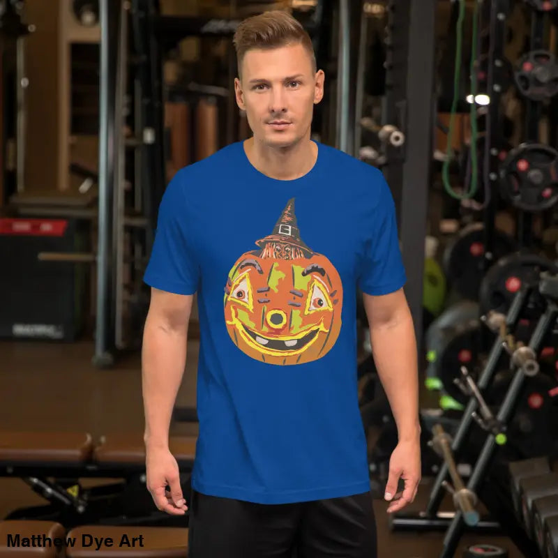 Blue t-shirt featuring a pumpkin graphic from the Pumpkin Witch Mischief Halloween tee