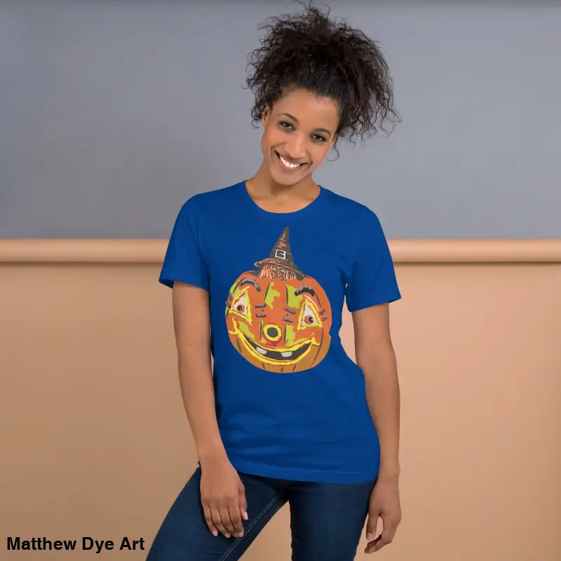 Comfortable cotton pumpkin witch unisex tee featuring a blue t-shirt with pumpkin graphic
