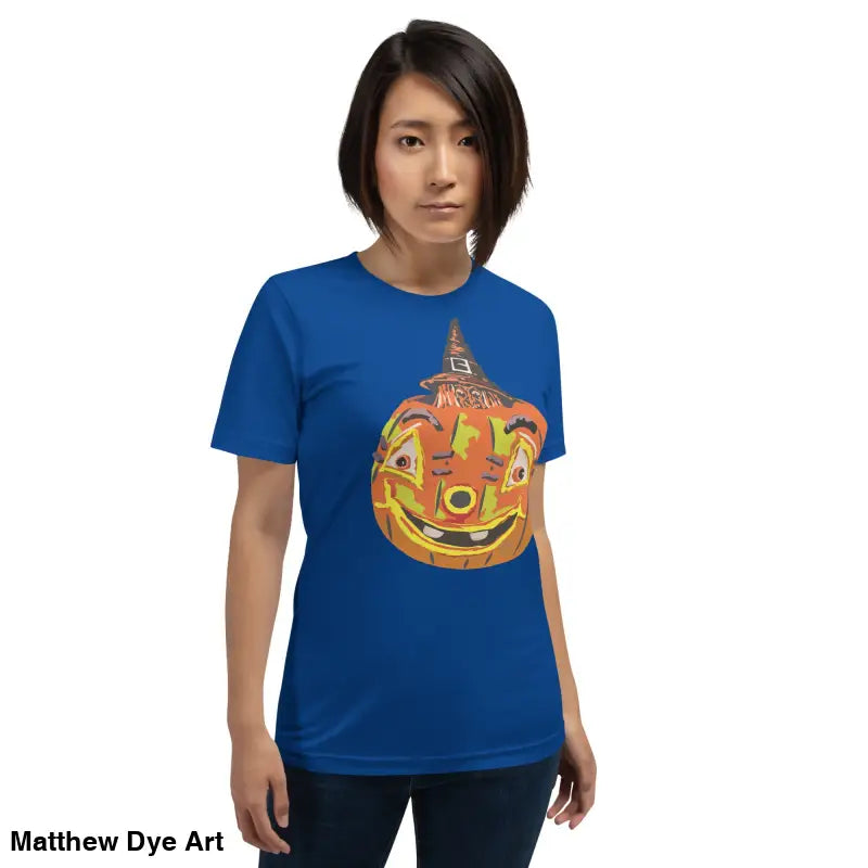 Blue t-shirt featuring pumpkin graphic from Pumpkin Witch Mischief Halloween tee