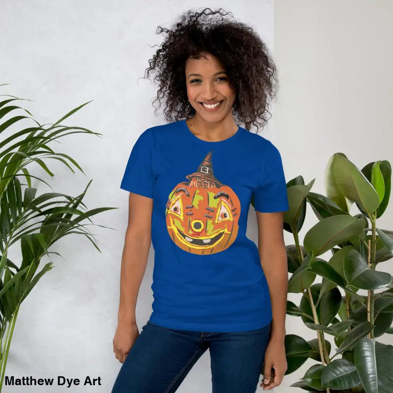 Blue t-shirt featuring pumpkin witch graphic from Comfortable Cotton Pumpkin Witch Unisex Tee