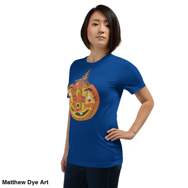 Blue t-shirt featuring a pumpkin graphic for the comfortable cotton Pumpkin Witch unisex tee