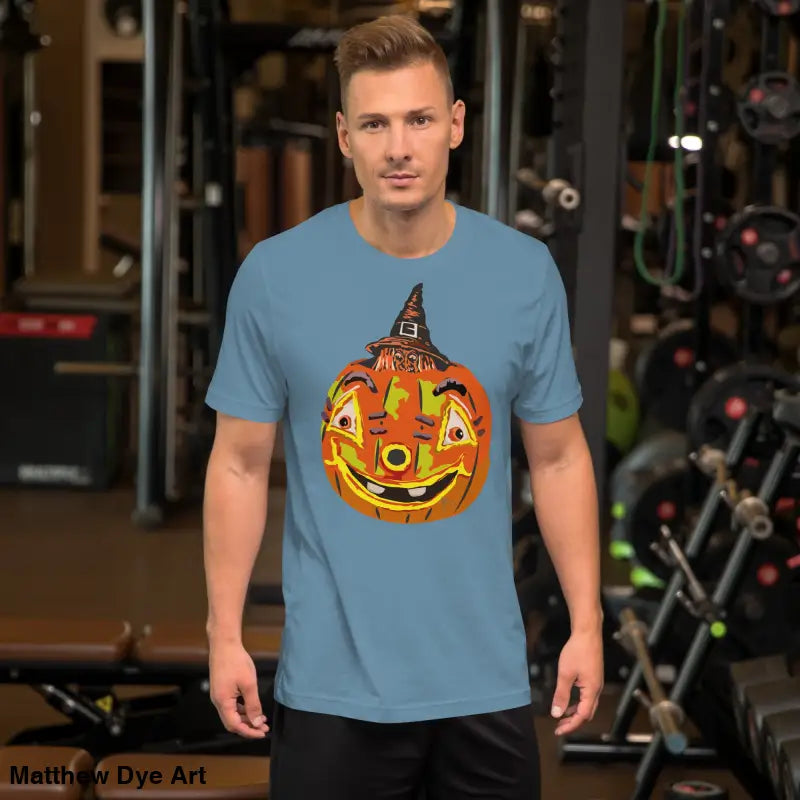 Blue t-shirt with pumpkin graphic from Pumpkin Witch Mischief comfortable cotton Halloween tee