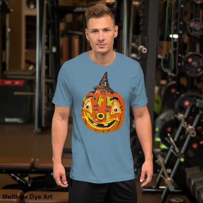 Blue t-shirt with pumpkin graphic from Pumpkin Witch Mischief comfortable cotton Halloween tee