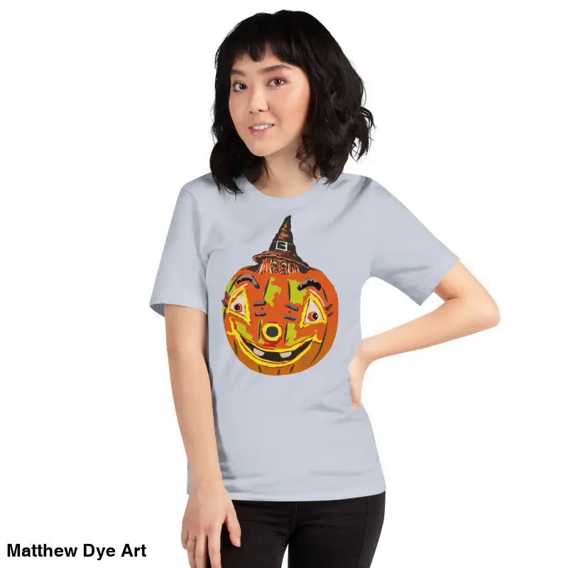 Light blue t-shirt featuring pumpkin graphic from Pumpkin Witch Mischief Halloween Tee