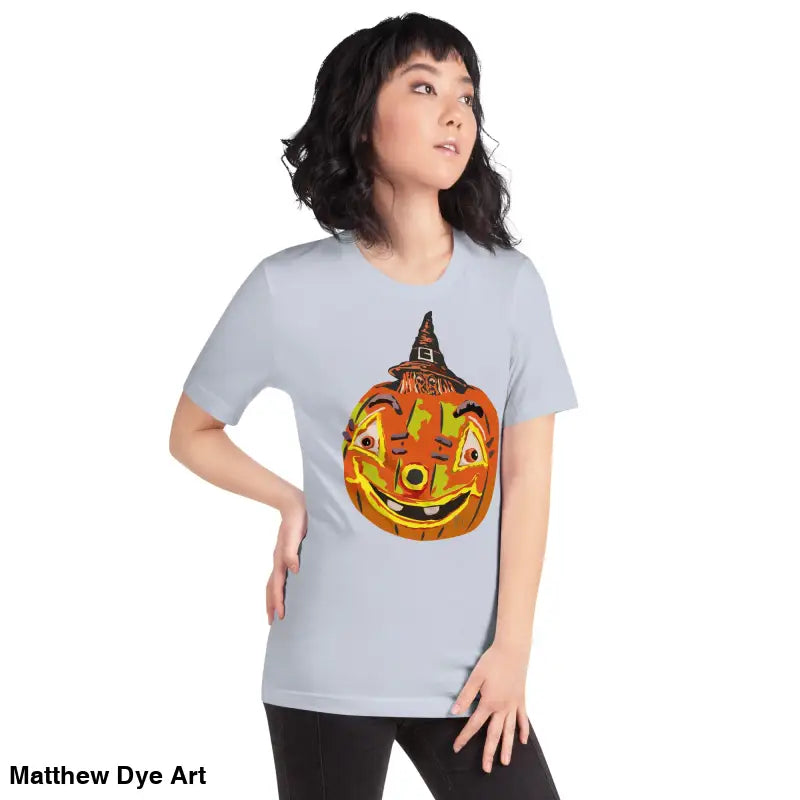 Light blue comfortable cotton pumpkin witch unisex tee featuring a festive pumpkin graphic