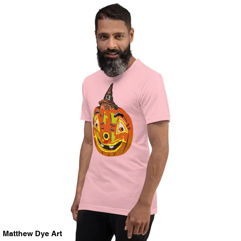 Man wearing a comfortable cotton pumpkin witch unisex tee for Halloween festivities