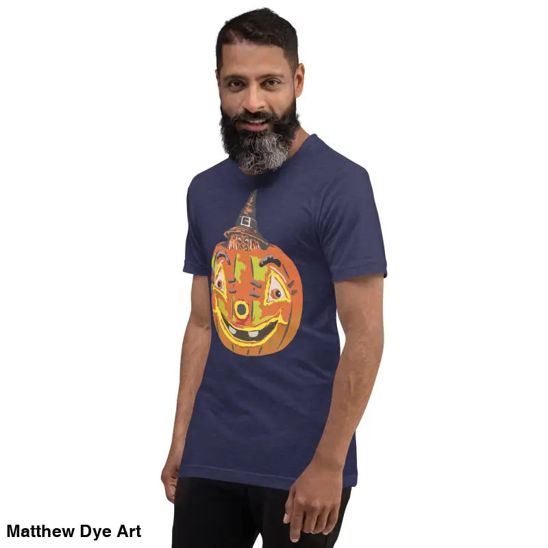 Man wearing a comfortable cotton pumpkin witch unisex tee for Halloween festivities