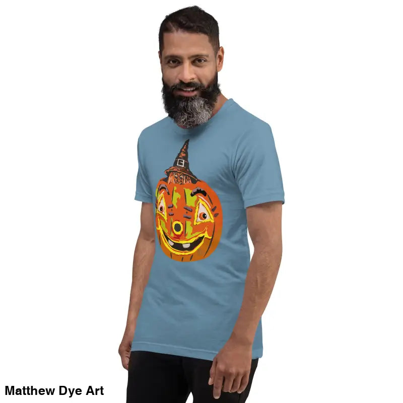 Man wearing a comfortable cotton pumpkin witch unisex tee for Halloween celebration