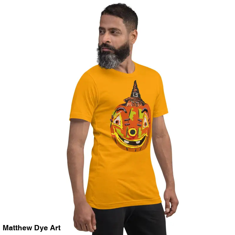 Man modeling a comfortable cotton pumpkin witch unisex tee for Halloween festivities