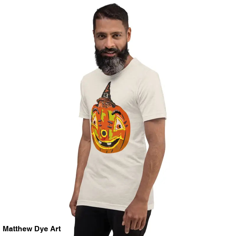 Man wearing comfortable cotton pumpkin witch unisex tee for Halloween celebrations