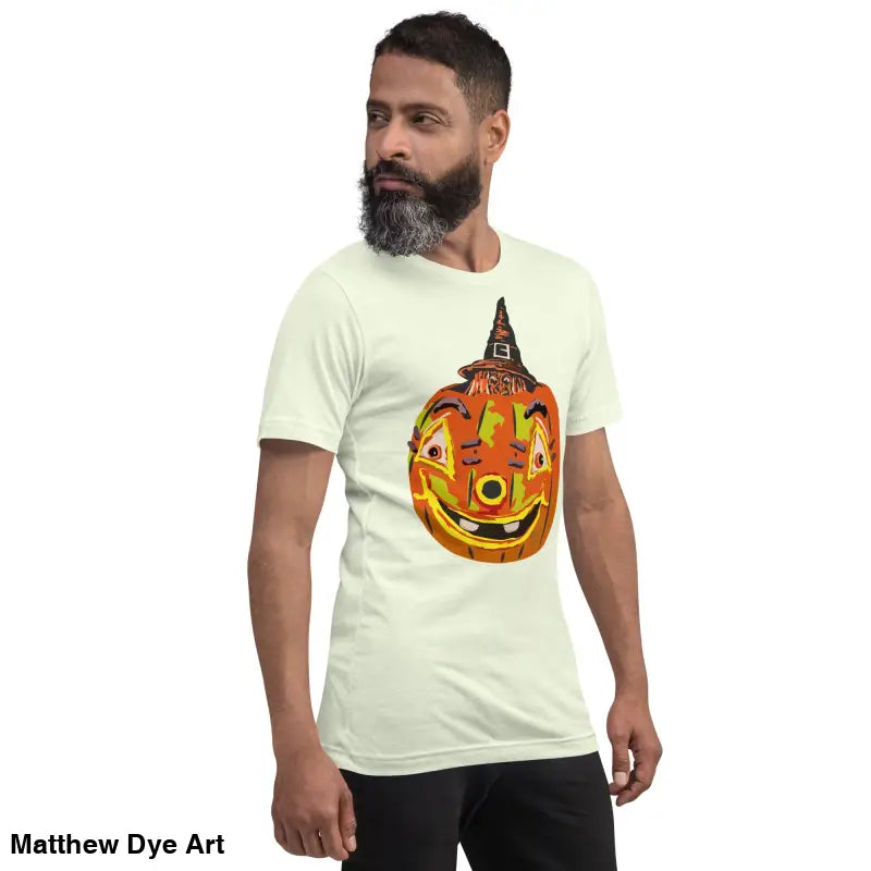 Man wearing a comfortable cotton pumpkin witch unisex tee for Halloween festivities