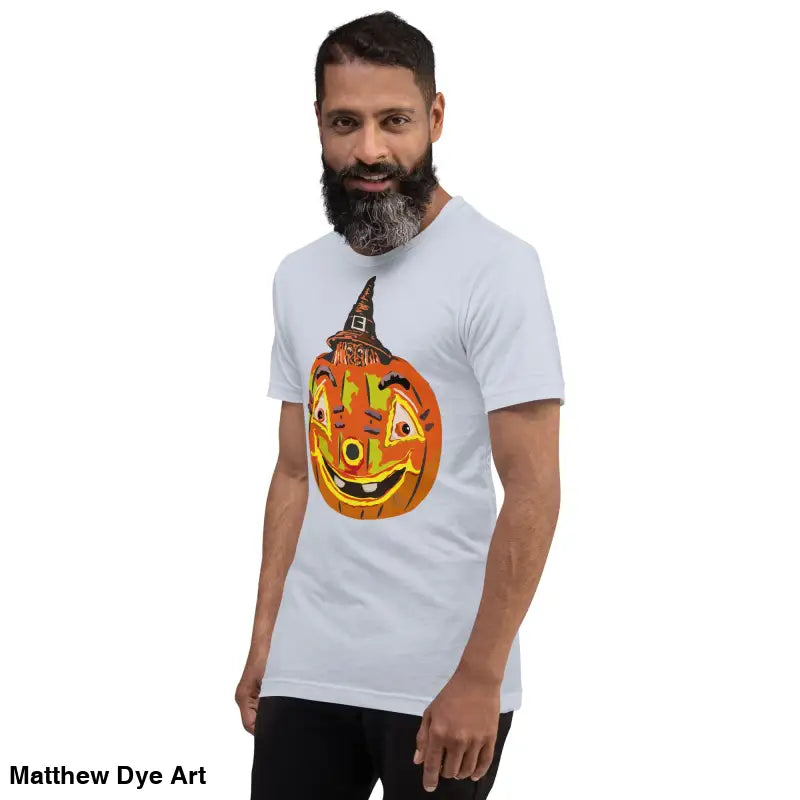 Man showcasing a comfortable cotton Pumpkin Witch unisex tee for Halloween celebrations