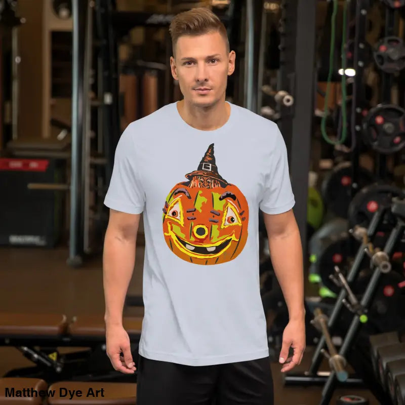Man’s comfortable cotton Pumpkin Witch unisex tee for a festive Halloween celebration