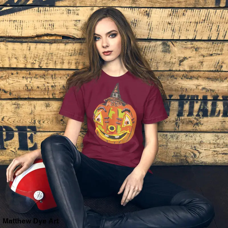Maroon Halloween t-shirt featuring Pumpkin Witch design on comfortable cotton unisex tee