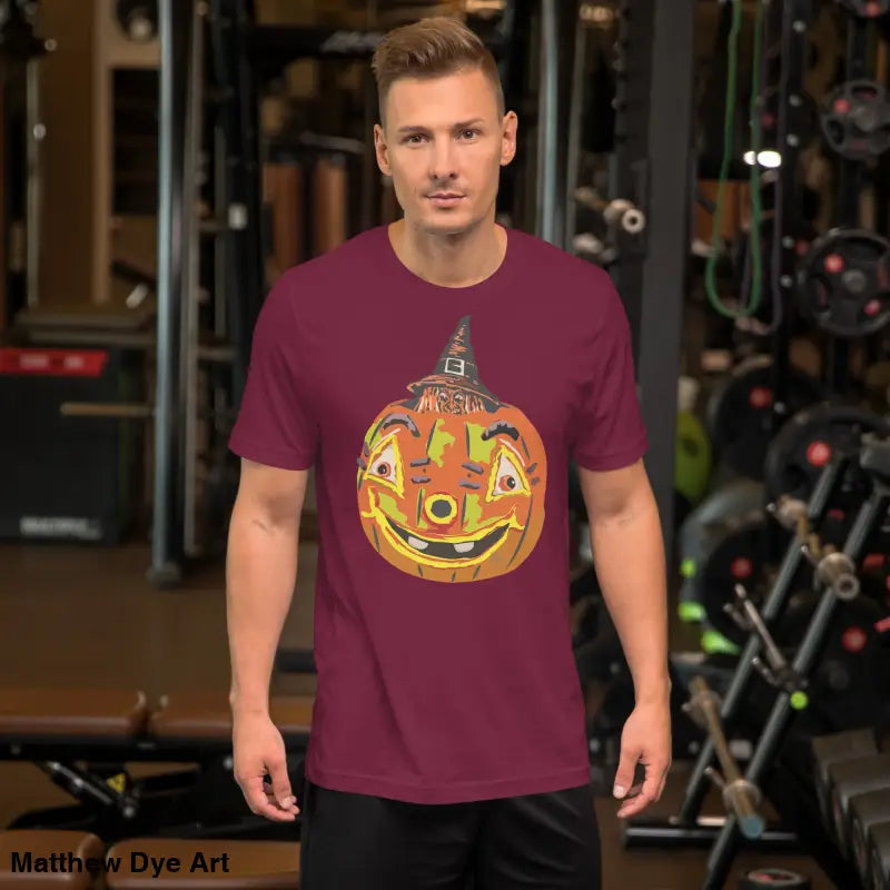 Maroon Halloween t-shirt featuring a pumpkin witch graphic on comfortable cotton unisex tee