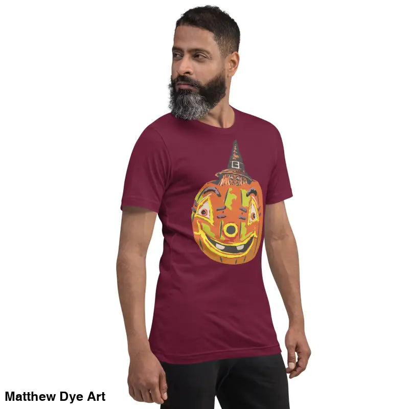 Maroon Halloween t-shirt featuring a pumpkin witch graphic on a comfortable cotton tee