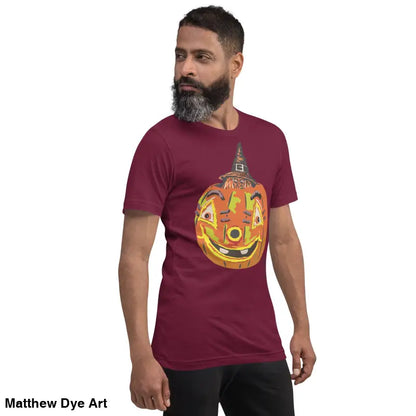 Maroon Halloween t-shirt featuring a pumpkin witch graphic on a comfortable cotton tee