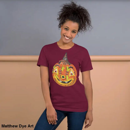 Maroon Halloween t-shirt featuring a pumpkin witch graphic on comfortable cotton unisex tee