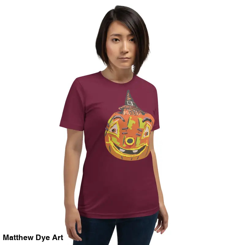 Maroon Halloween t-shirt featuring a pumpkin witch graphic on comfortable cotton