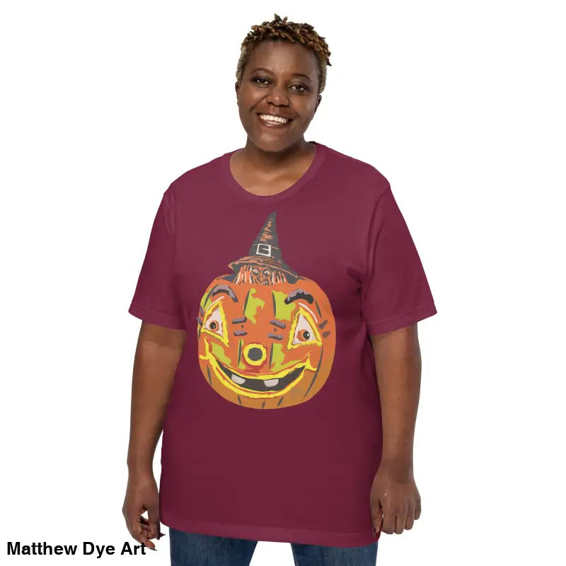 Maroon comfortable cotton pumpkin witch unisex tee with vivid pumpkin graphic