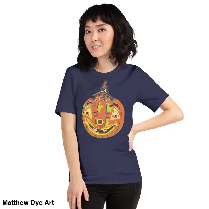 Navy Halloween t-shirt featuring a pumpkin witch graphic on a comfortable cotton unisex tee