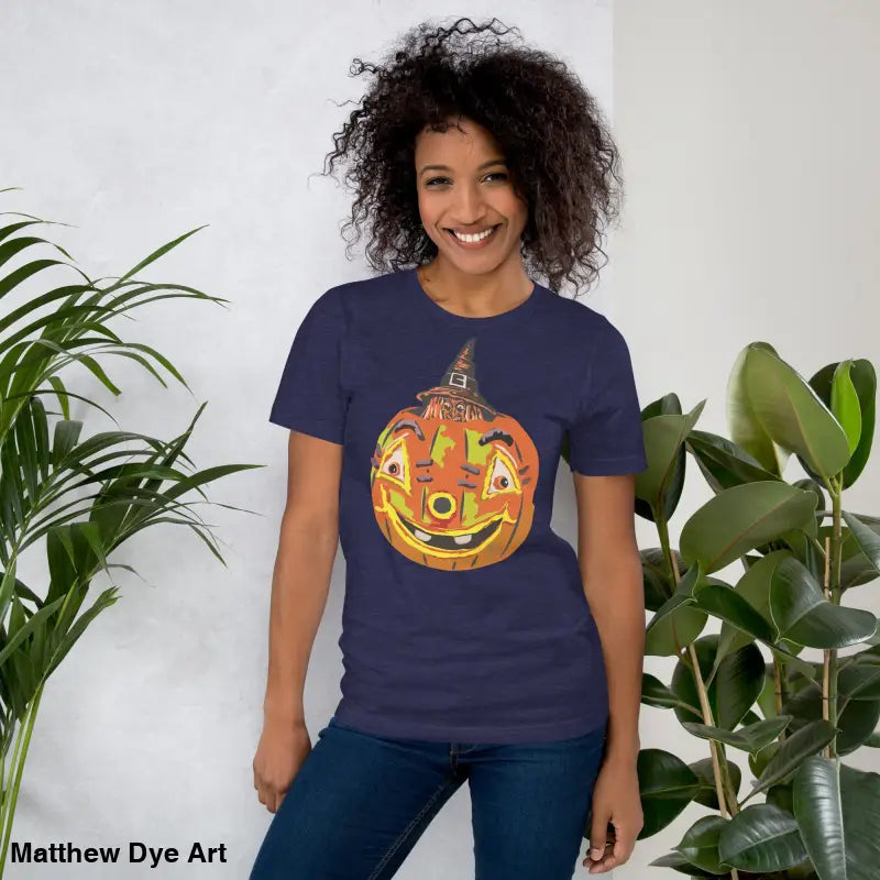 Navy comfortable cotton pumpkin witch unisex tee featuring a spooky pumpkin graphic