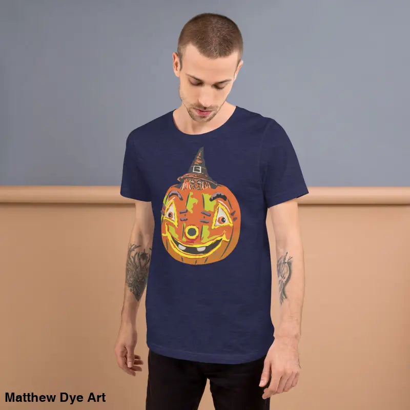 Navy Halloween T-shirt featuring a Pumpkin Witch graphic in comfortable cotton fabric