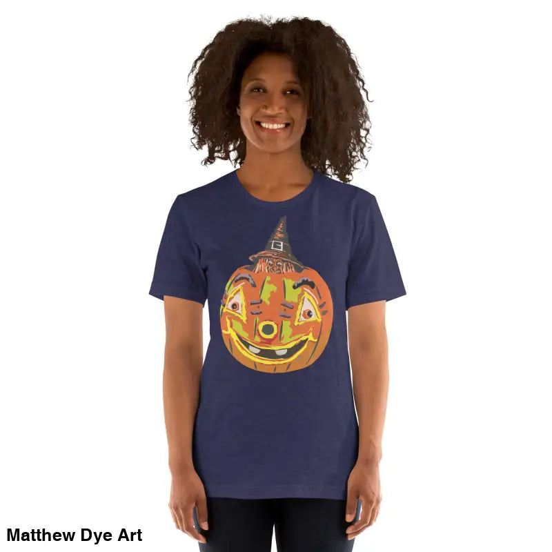 Navy comfortable cotton pumpkin witch unisex tee featuring a Halloween pumpkin graphic