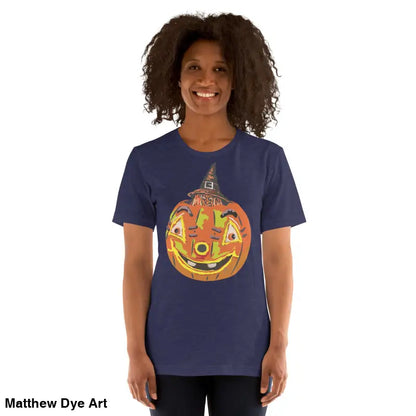 Navy comfortable cotton pumpkin witch unisex tee featuring a Halloween pumpkin graphic
