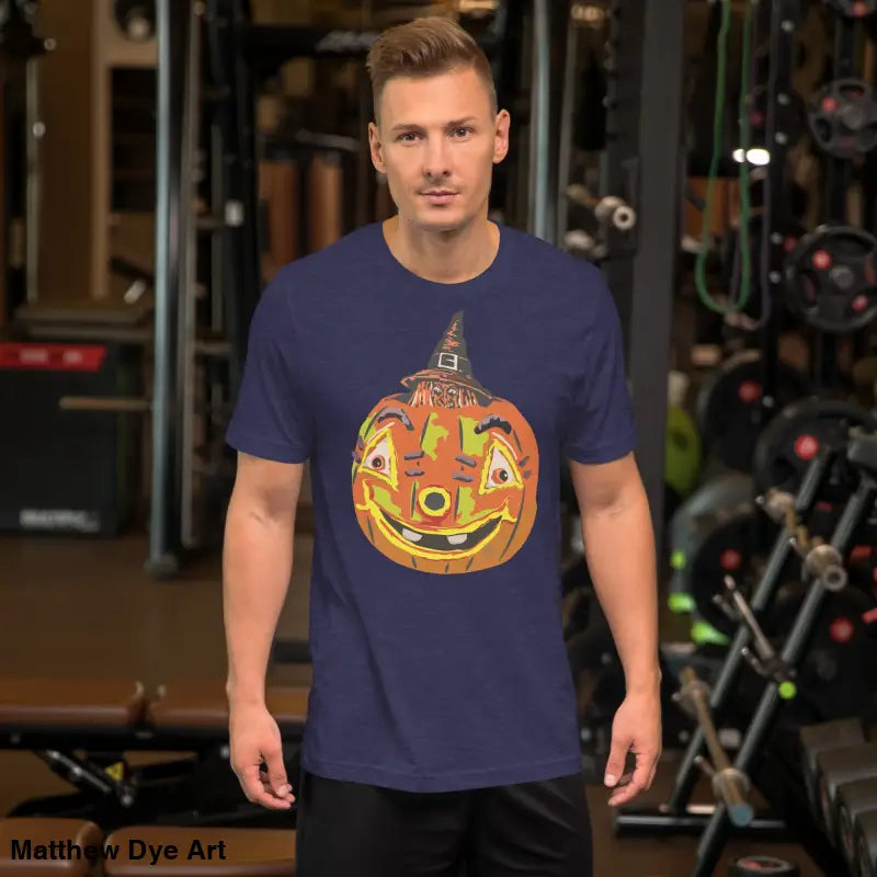 Navy Halloween t-shirt featuring a pumpkin witch graphic on a comfortable cotton unisex tee