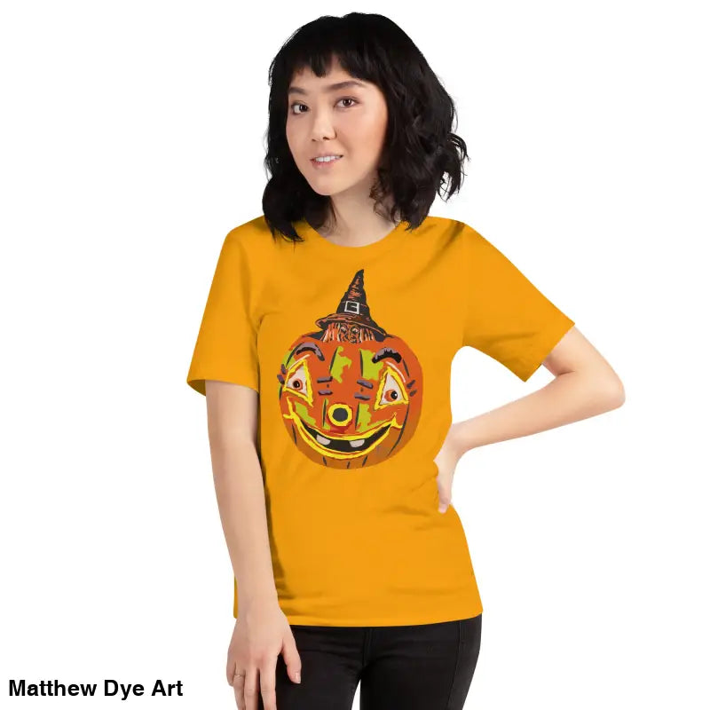 Comfortable cotton Pumpkin Witch unisex tee in orange for Halloween festivities