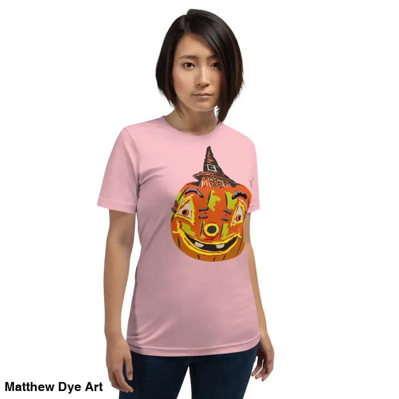 Pink t-shirt featuring a pumpkin graphic, perfect for Halloween as a Pumpkin Witch tee