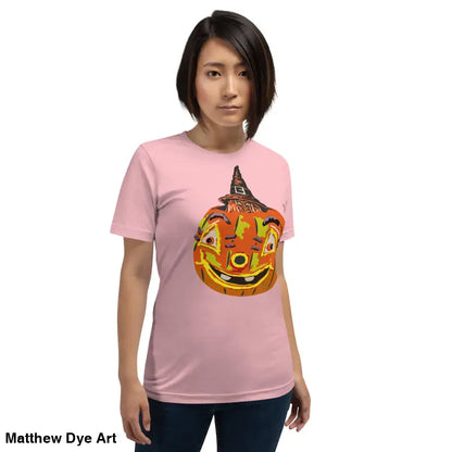Pink t-shirt featuring a pumpkin graphic, perfect for Halloween as a Pumpkin Witch tee