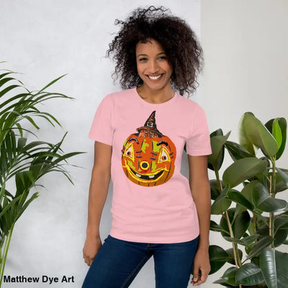 Pink Halloween t-shirt featuring a pumpkin witch graphic on a comfortable cotton tee