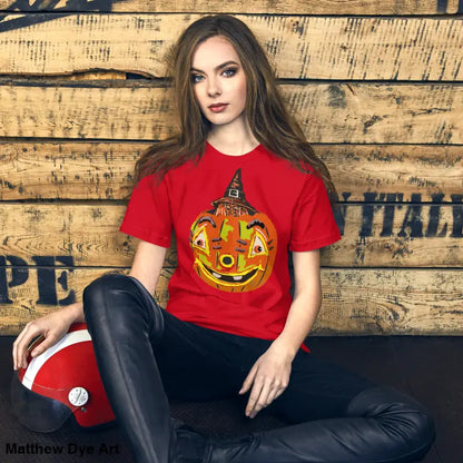 Red Halloween t-shirt featuring Pumpkin Witch design on comfortable cotton unisex tee