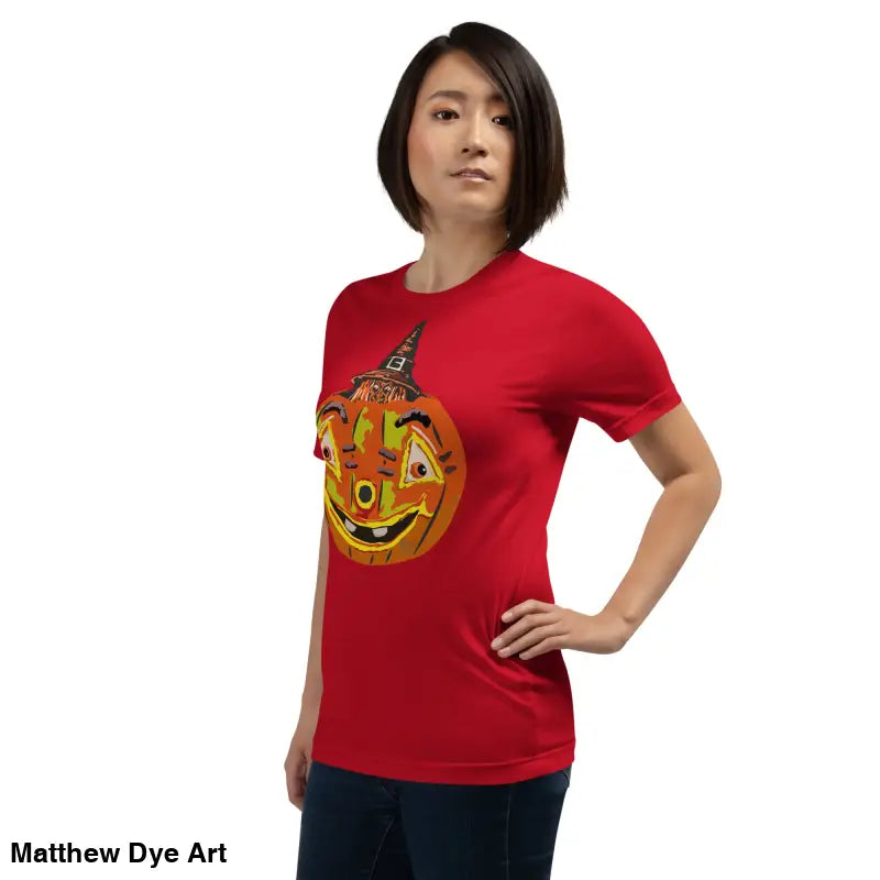 Red t-shirt featuring a pumpkin graphic from the comfortable cotton Pumpkin Witch unisex tee
