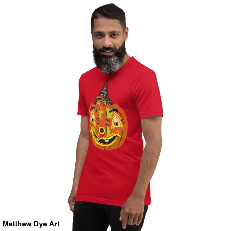 Red comfortable cotton pumpkin witch unisex tee featuring a playful pumpkin graphic