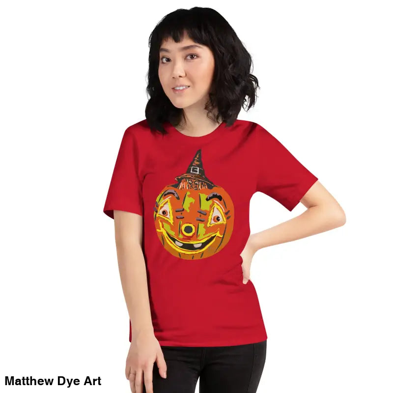 Red t-shirt featuring pumpkin witch graphic, perfect comfortable cotton Halloween tee