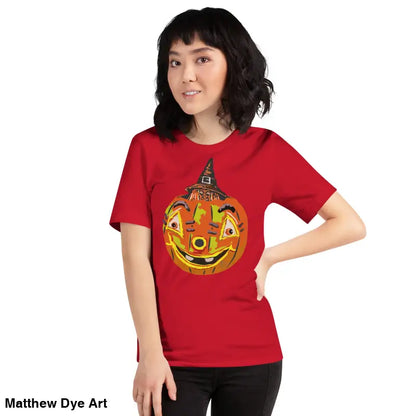 Red t-shirt featuring pumpkin witch graphic, perfect comfortable cotton Halloween tee