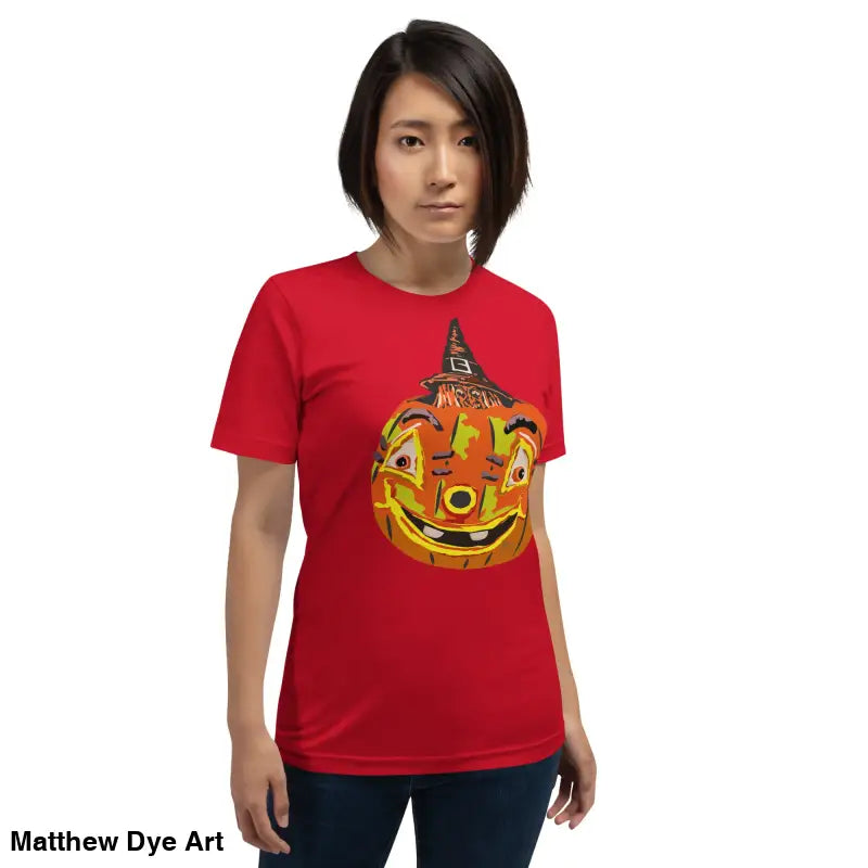 Red Halloween t-shirt featuring a pumpkin witch graphic on comfortable cotton unisex tee