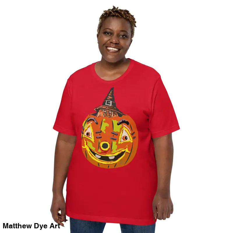 Red t-shirt featuring pumpkin graphic for the comfortable cotton Pumpkin Witch unisex tee