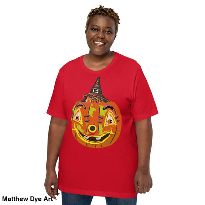 Red t-shirt featuring pumpkin graphic for the comfortable cotton Pumpkin Witch unisex tee