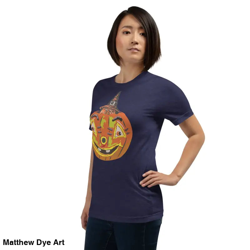 Comfortable cotton Pumpkin Witch unisex tee featuring a Halloween pumpkin design